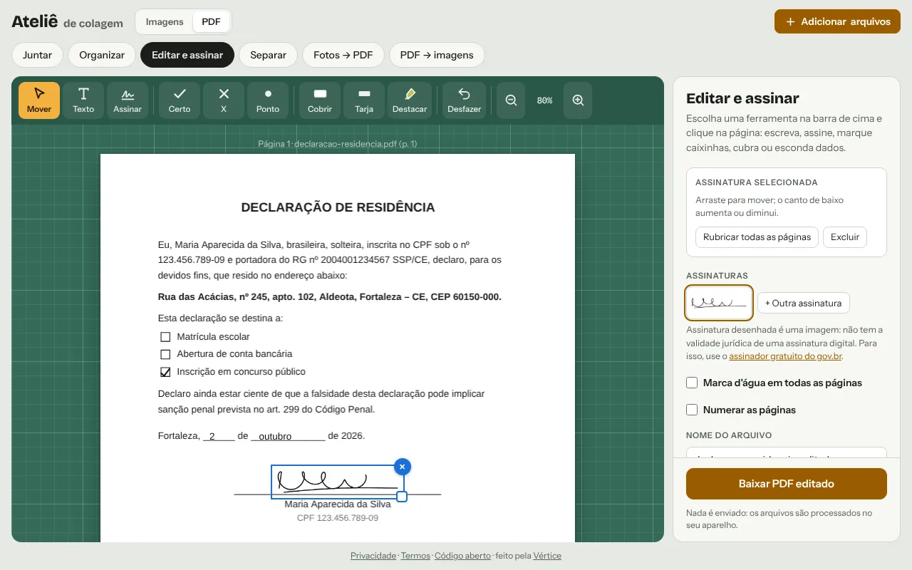 Editor do Ateliê de Colagem com uma declaração aberta: a assinatura está sobre a linha, a data foi preenchida e uma caixinha foi marcada.