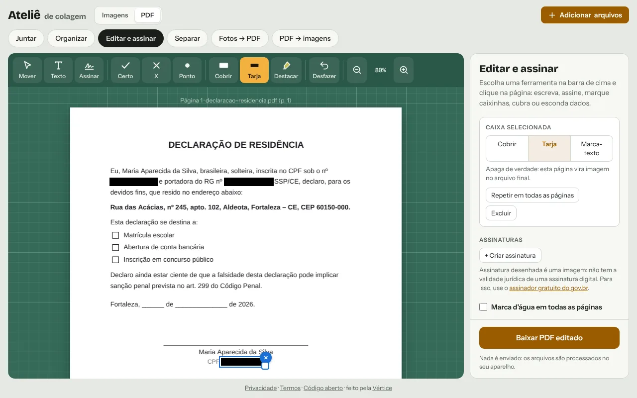 Declaração aberta no editor do Ateliê de Colagem, com o CPF e o RG cobertos por tarjas pretas.