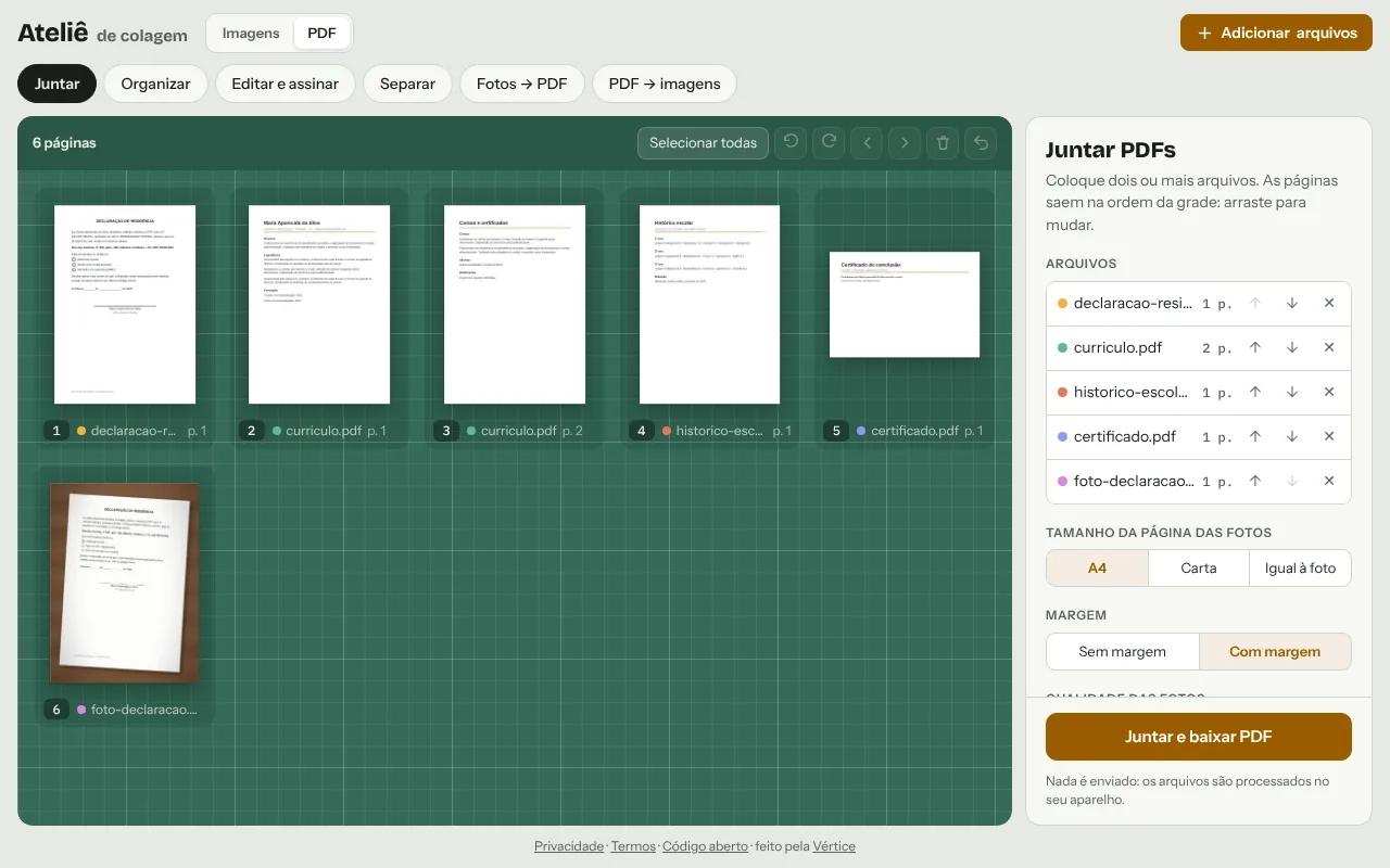 Ferramenta Juntar PDF do Ateliê de Colagem com quatro PDFs e uma foto em ordem, e a lista de arquivos no painel ao lado.